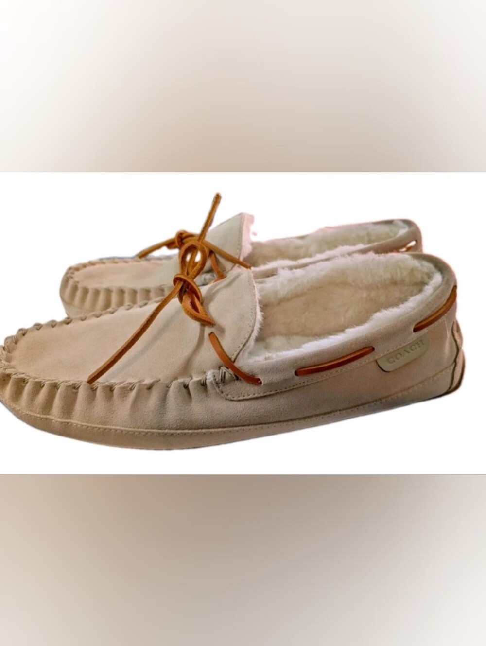 COACH Shoes MENS SIZE 12 Slipper House Shoe Sand Suede Fleece Shearling Moccasin